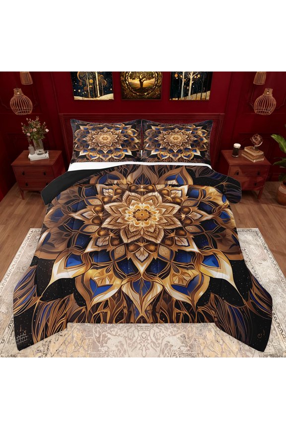 Retro Tribal Damask Bedding Comforter Set for Adult, Western Mandala Fashion Twin Comforter Sets, Boho Lotus Flower Reversible Bedding Set, Breathable Home Decor, 2-Piece