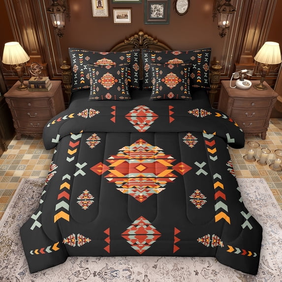 Feelyou Retro Western Aztec Comforter Set 7pcs, Black Orange Triangle Queen Bedding Sets