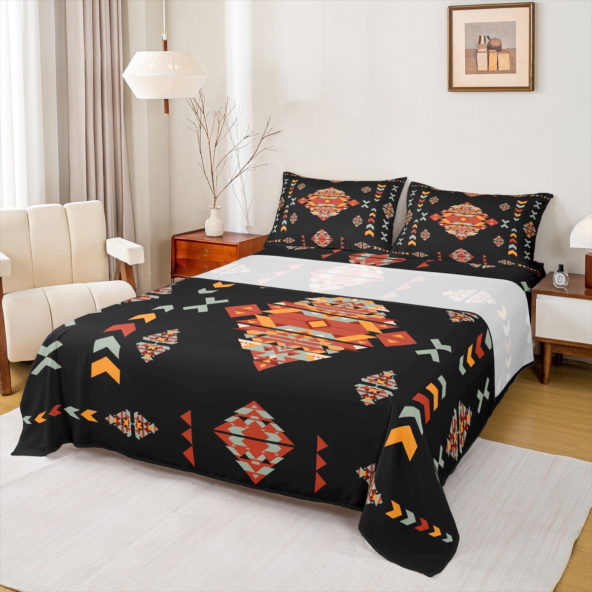 Feelyou Retro Western Aztec Queen Sheet Sets, Black Orange Triangle Bed ...