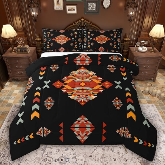 Feelyou Retro Western Aztec Twin Comforter Sets, Black Orange Triangle Bedding Set, 2pcs