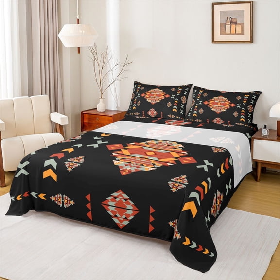 Feelyou Retro Western Aztec Twin Sheet Sets, Black Orange Triangle Bedding, 3-Piece