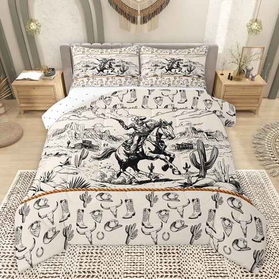 Feelyou Retro Western Cowboy Queen Comforter Set, Cactus Boot Skull Bedding Set, 3pcs