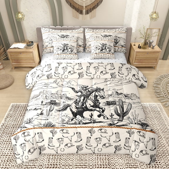 Feelyou Retro Western Cowboy Twin Bedding Sets 7pcs, Cactus Boot Skull Comforter Set