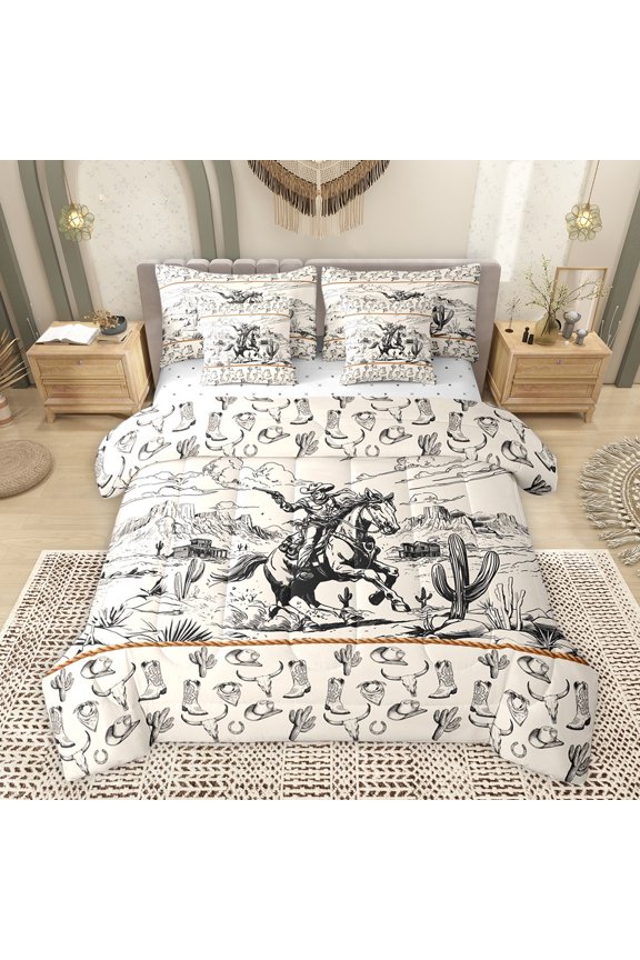 Retro Western Cowboy Twin Bedding Sets 7pcs, Cactus Boot Skull Comforter Set