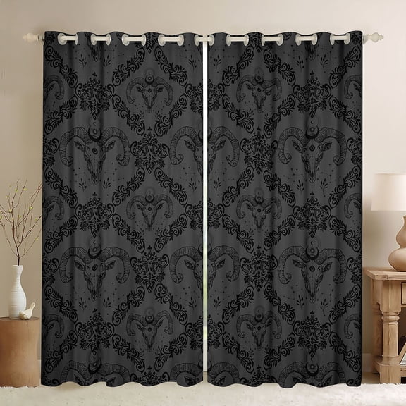 Feelyou Retro Western Damask Black Out Curtains for Women, Tribal Sheep Skull Curtains Pack of 2 (42x63 Each), Hippie Mandala Theme Bedroom Curtains, Window Curtains Bedroom Decor