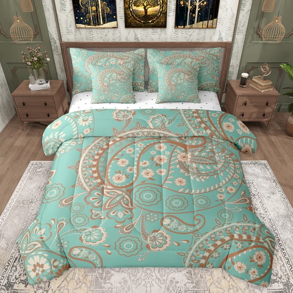 Feelyou Retro Western Paisley Bedding Comforter Set 7pcs, Bohemian Damask Flower Queen Bedding Sets, Mandala Hippie Theme Reversible Queen Sheet Sets, Microfiber Bedroom Decor