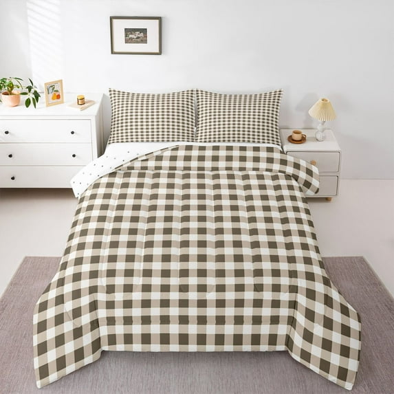 Feelyou Retro Wheat Plaid Queen Comforter Set, Stripes Lines Buffalo Bedding Set, 3pcs