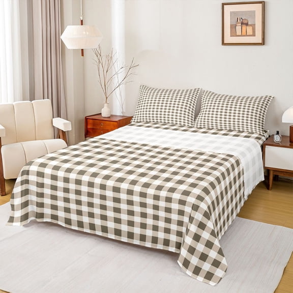 Feelyou Retro Wheat Plaid Queen Sheet Sets, Stripes Lines Buffalo Bed Set, 4pcs