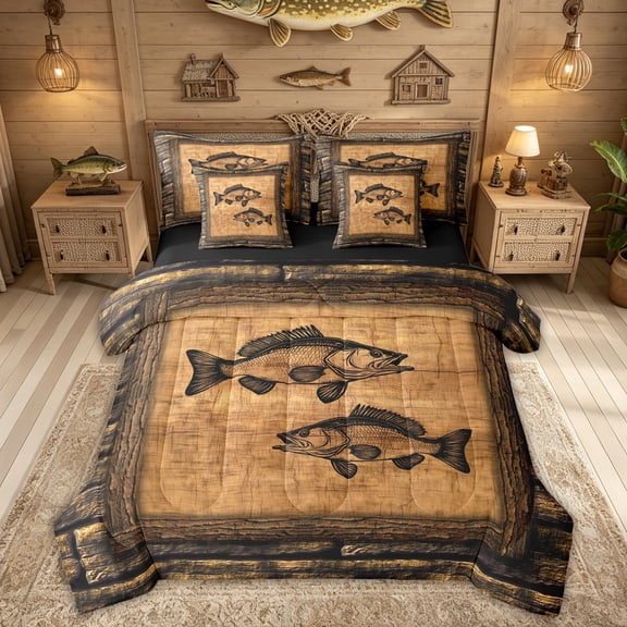 Feelyou Retro Wood Plank Largemouth Bass Fish Fishing Twin Bedding Sets for Men, Line Marine Wildlife Bedding Comforter Set, Brown, Black Reversible, 7-Piece