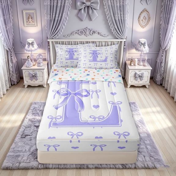 Feelyou Ribbon Initial L Letter Zipper Twin Comforter Sets with Fitted Sheet and 2 Pillowcases for Girls, Purple Princess Bow Theme Zipper Bedding Set, Colorful Star Reversible, 4pcs