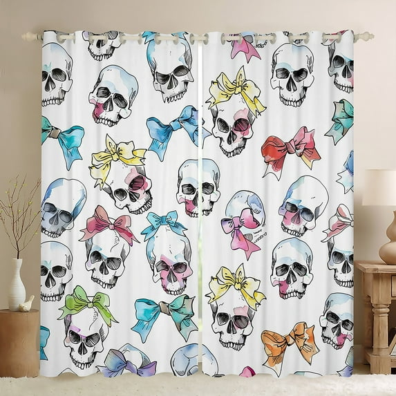 Feelyou Ribbon Skeleton Black Out Curtains, Sugar Skull Halloween Curtains Pack of 2 (42x63 Each), Princess Bow Ribbon Bedroom Curtains, Window Curtains Room Decor