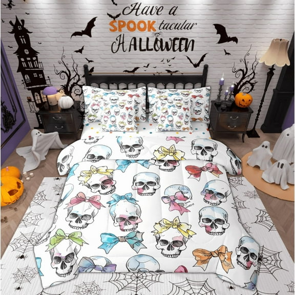 Feelyou Ribbon Skeleton Twin Bedding Sets 7-Piece, Sugar Skull Halloween Bedding Comforter Set, Princess Bow Ribbon Reversible Sheet Sets, Lightweight Room Decor