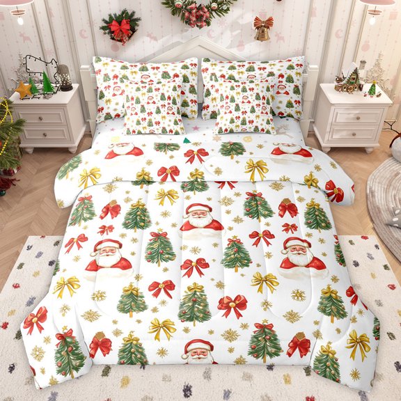 Feelyou Ribbon Xmas Tree Twin Bedding Sets 7-Piece, Kawaii Santa Claus Bedding Comforter Set, Dreamy Winter Snowflake Reversible Sheet Sets, Microfiber Bedroom Decor