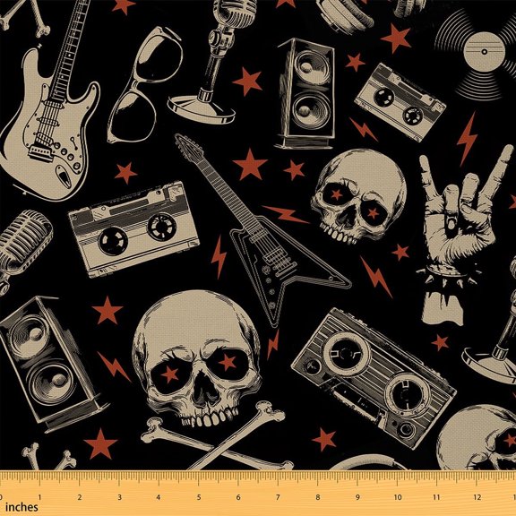 Feelyou Rock and Roll Fabric by the Yard 1 Yard for Kids, Guitar Skeleton Room Decor Fabric by the Yard, Gothic Music Fabric for Sewing, Microfiber Bedroom Decor