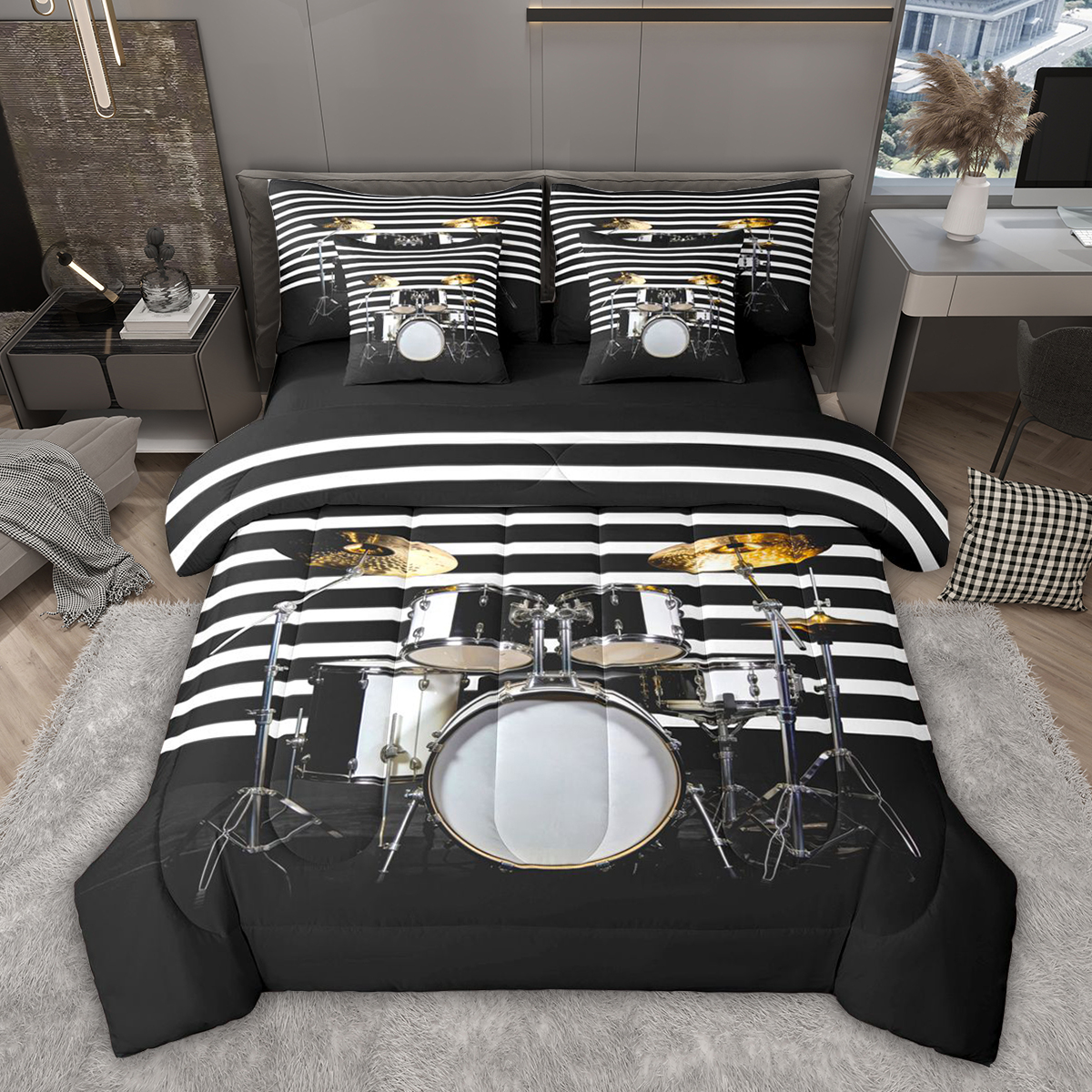 Feelyou Rock and Roll Drum Comforter Set 7pcs, Black White Stripes Full ...