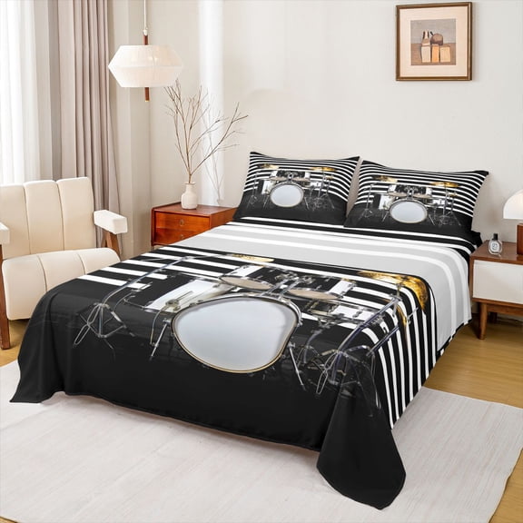 Feelyou Rock and Roll Drum Twin Sheet Sets, Black White Stripes Bedding, 3pcs