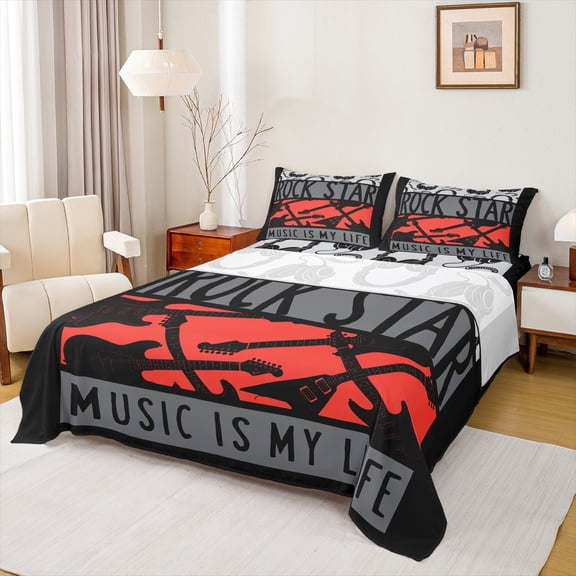 Feelyou Rock and Roll Kids Bed Sheets, Modern Music Lover King Sheets, 4pcs