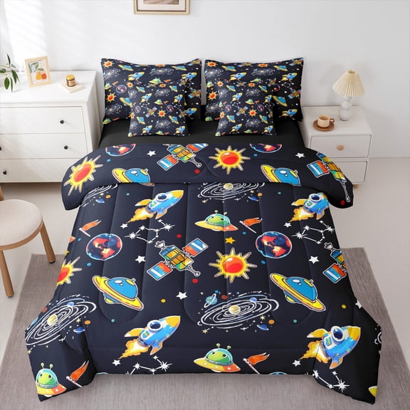Feelyou Rocket Planet Bedding Comforter Set 7 Pieces, Mystic Outer Space Full Bedding Set, Teens Kids Boys Girls Reversible Fitted Sheet Flat Sheet, Luxury Bedroom Decor