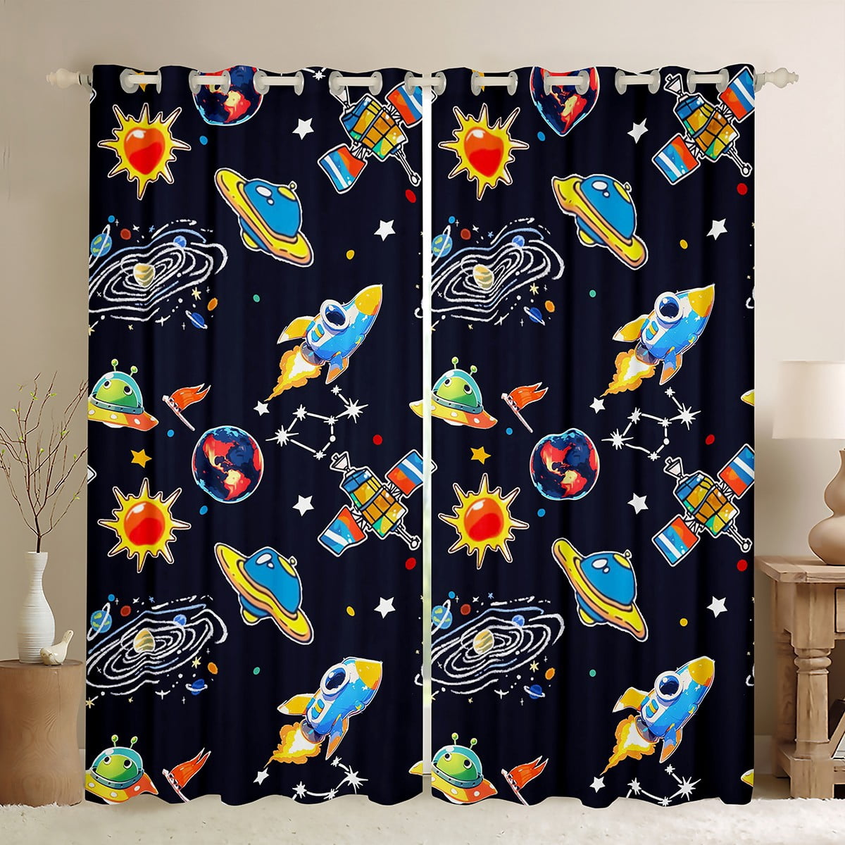 Feelyou Rocket Planet Black Out Curtains, Mystic Outer Space Curtains Pack of 2 (42x63 Each), Teens Kids Boys Girls Bedroom Curtains, Blackout Curtains Bedroom Decor