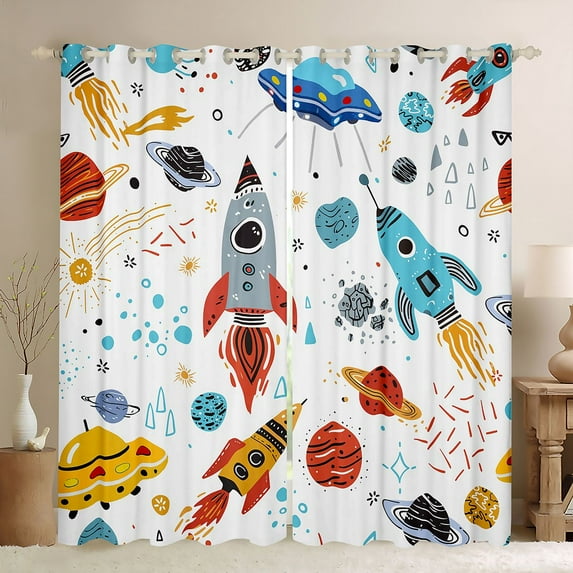 Feelyou Rocket Planet Boy Black Out Curtains, Spaceship Curtains Pack of 2 (42x63 Each)