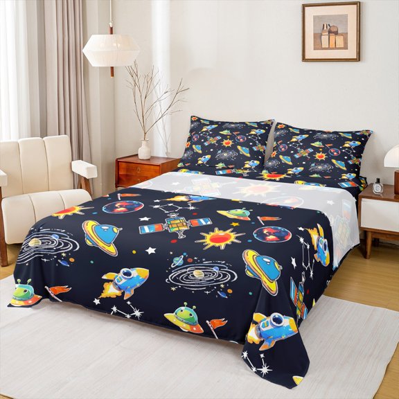 Feelyou Rocket Planet Twin Sheet Sets, Mystic Outer Space Twin Fitted Sheet, Teens Kids Boys Girls Flat Sheet, Luxury Bedroom Decor, 3 Pieces