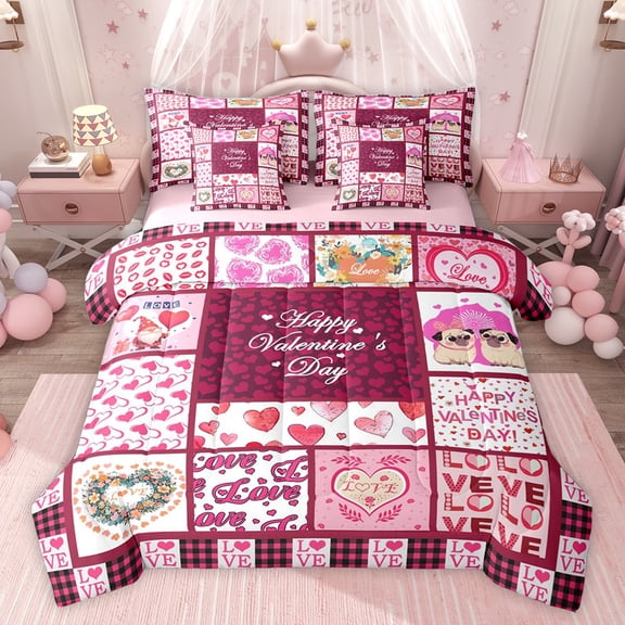 Feelyou Romantic Anniversary Bedding Comforter Set 7pcs, Kawaii Love Heart King Bedding Sets, Happy Valentine's Day Reversible Bed Sheets, Microfiber Bedroom Decor