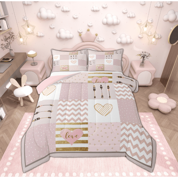Feelyou Romantic Anniversary Queen Comforter Set, Princess Pink Patchwork Bedding Sets, Kawaii Love Heart Reversible Bedding Comforter Set, Lightweight Room Decor, 3 Pieces