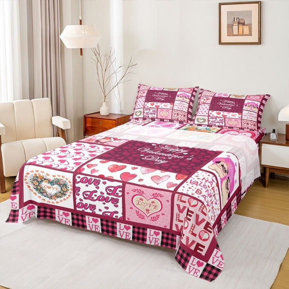 Feelyou Romantic Anniversary Queen Sheet Sets, Kawaii Love Heart Flat Sheet, Happy Valentine's Day Queen Fitted Sheet, Microfiber Bedroom Decor, 4pcs