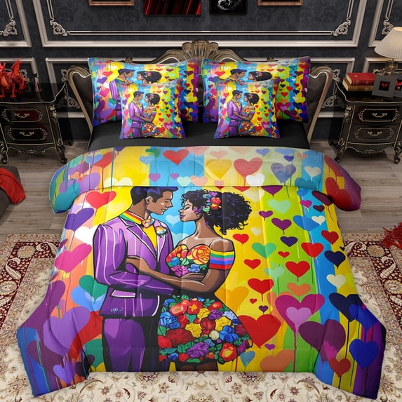 Feelyou Romantic Black Couple Bedding Comforter Set 7pcs, Colorful Stripes Abstract Queen Bedding Sets, Cartoon Love Heart Reversible Queen Sheet Sets, Ultra Soft Bedroom Decor