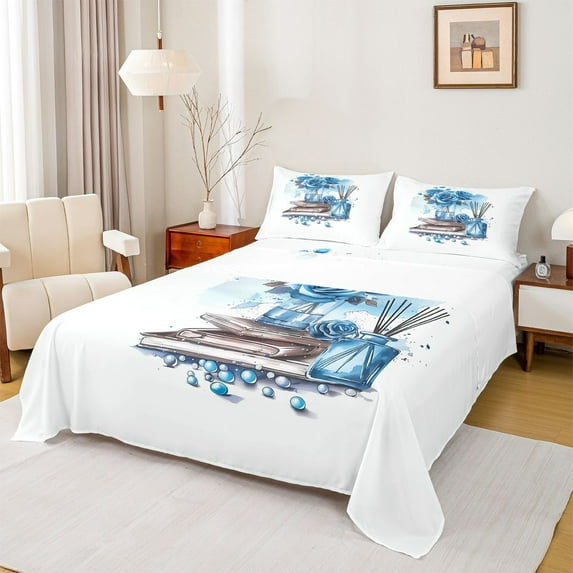 Feelyou Romantic Blue Rose Full Size Sheets, Modern Fashion Bed Sheets, 4 Pieces