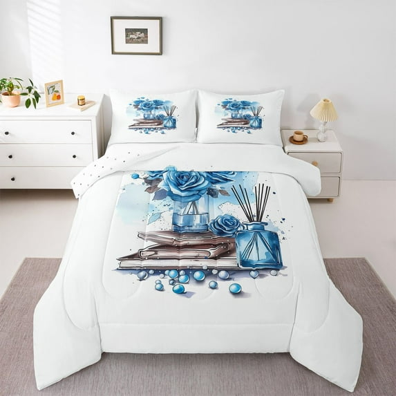 Feelyou Romantic Blue Rose Twin Comforter Sets, Modern Fashion Bedding Set, 2 Pieces