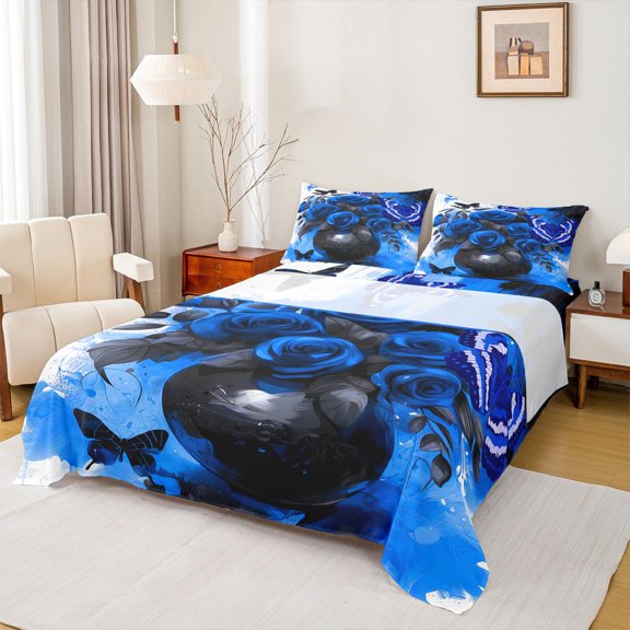 Feelyou Romantic Blue Rose Twin Sheet Sets for Adult, Dreamy Butterfly Twin Fitted Sheet, Fashion Oil Printing Flat Sheet, Luxury Bedroom Decor, 3pcs