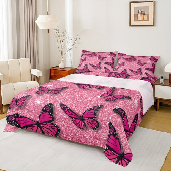 Feelyou Romantic Butterfly Animal Bed Sheets, Pink Bling Stars King Sheets, Modern Fashion Style Sheet Set, Lightweight Room Decor, 4 Pieces