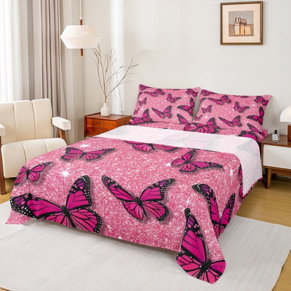 Feelyou Romantic Butterfly Animal Full Size Sheets, Pink Bling Stars Bed Sheets, Modern Fashion Style Sheet Sets, Lightweight Room Decor, 4 Pieces