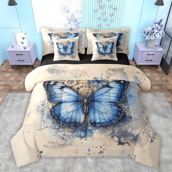 Feelyou Romantic Butterfly Animal Twin Bedding Sets 7-Piece, Western Old Fashion Bedding Comforter Set, Vintage Watercolor Artwork Reversible Sheet Sets, Luxury Bedroom Decor