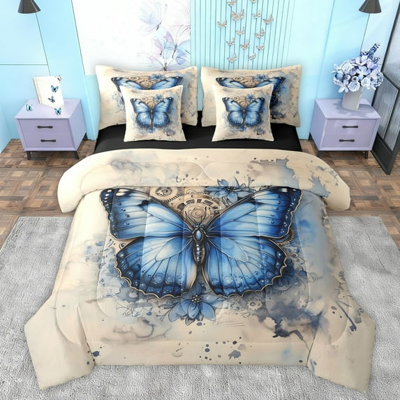 Feelyou Romantic Butterfly Animal Twin Bedding Sets 7-Piece, Western Old Fashion Bedding Comforter Set, Vintage Watercolor Artwork Reversible Sheet Sets, Luxury Bedroom Decor