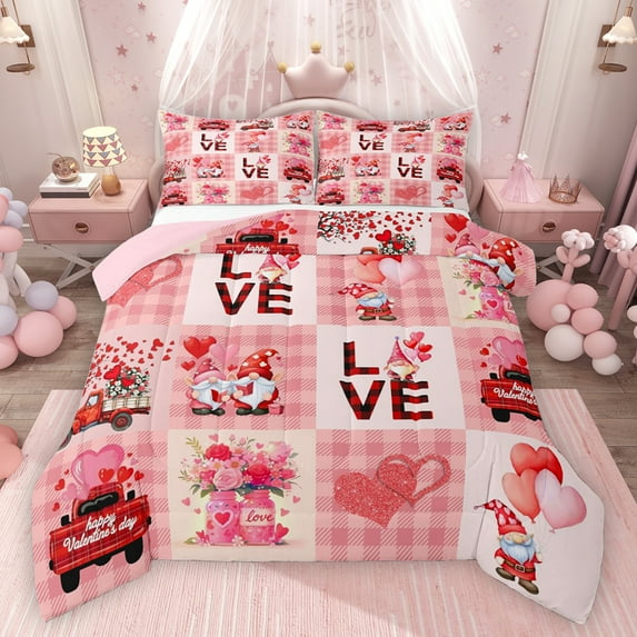 Feelyou Romantic Couple Gnome Bedding Comforter Set, Love Heart Print Twin Comforter Sets, Fashion Pink Patchwork Reversible Bedding Set, Ultra Soft Bedroom Decor, 2 Pieces