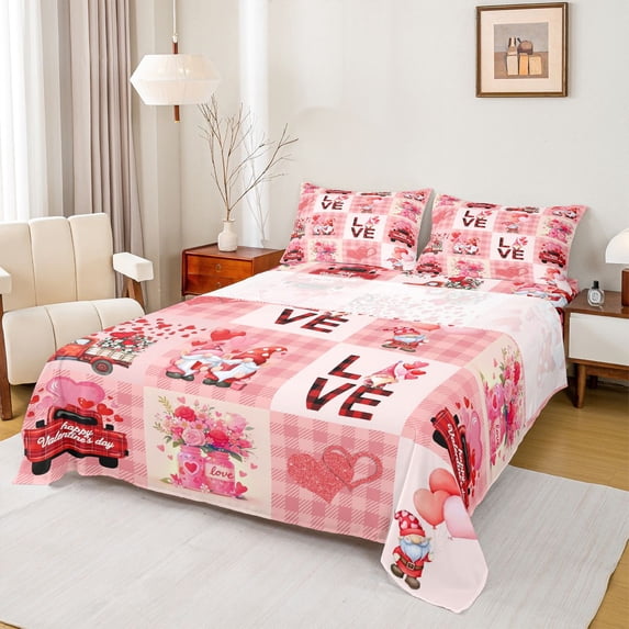 Feelyou Romantic Couple Gnome Twin Sheet Sets, Love Heart Print Twin Fitted Sheet, Fashion Pink Patchwork Flat Sheet, Ultra Soft Bedroom Decor, 3 Pieces