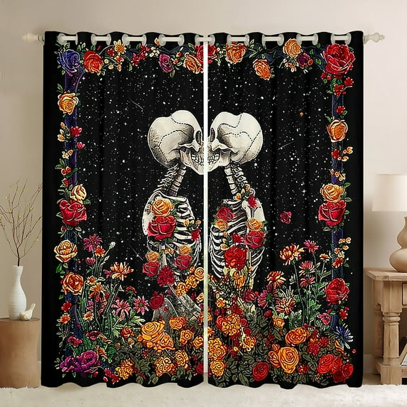 Feelyou Romantic Couple Skeleton Black Out Curtains, Mandala Flower Floral Curtains Pack of 2 (42x63 Each), Mystic Bohemian Galaxy Bedroom Curtains, Curtains and Drapes Decor