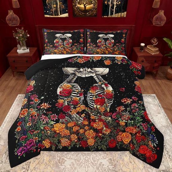 Feelyou Romantic Couple Skeleton Full Size Comforter Sets, Mandala Flower Floral Bedding Comforter Set, Mystic Bohemian Galaxy Reversible Bedding Sets, Lightweight Room Decor, 3pcs
