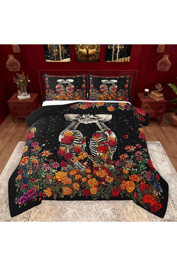 Romantic Couple Skeleton Queen Comforter Set, Mandala Flower Floral Bedding Sets, Mystic Bohemian Galaxy Reversible Bedding Comforter Set, Lightweight Room Decor, 3pcs