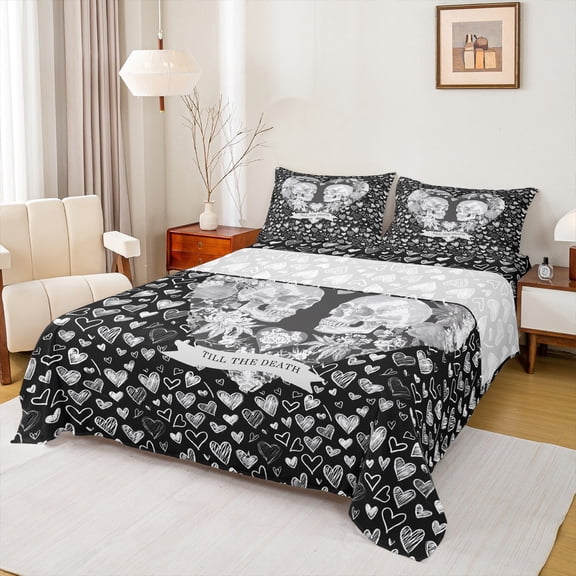 Feelyou Romantic Couple Skeleton Twin Sheet Sets, Love Till The Diath Twin Fitted Sheet, Cartoon Love Heart Flat Sheet, Breathable Home Decor, 3 Pieces