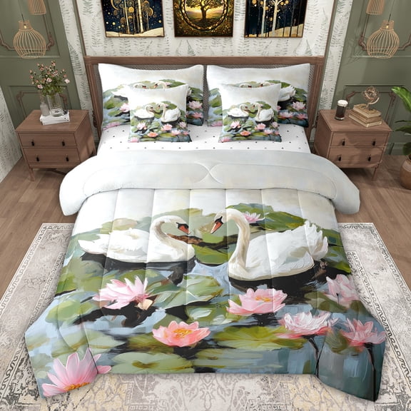 Feelyou Romantic Couple Swan Bedding Comforter Set 7 Pieces, Lake Lotus Leaves Full Bedding Set, Kawaii Cartoon Animal Reversible Fitted Sheet Flat Sheet, Lightweight Room Decor