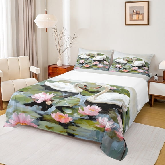 Feelyou Romantic Couple Swan Full Size Sheets, Lake Lotus Leaves Bed Sheets, Kawaii Cartoon Animal Sheet Sets, Lightweight Room Decor, 4-Piece