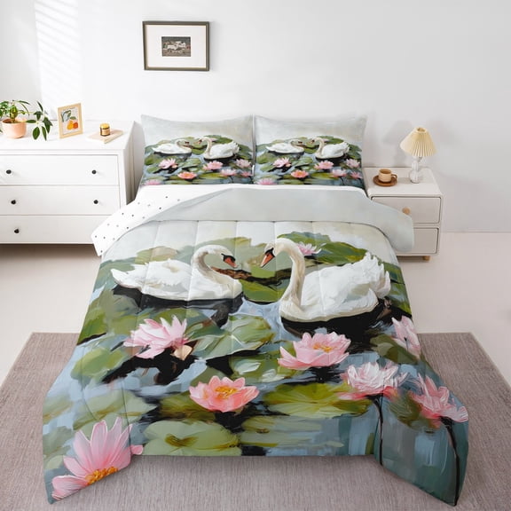 Feelyou Romantic Couple Swan Queen Comforter Set, Lake Lotus Leaves Bedding Sets, Kawaii Cartoon Animal Reversible Bedding Comforter Set, Lightweight Room Decor, 3-Piece