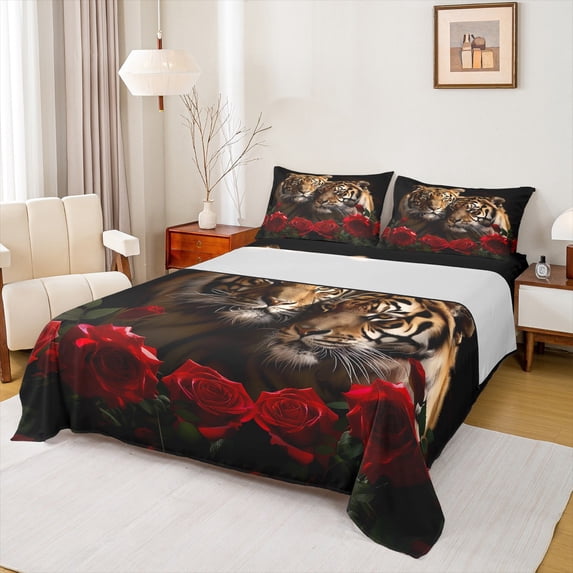 Feelyou Romantic Couple Tiger Bed Sheets, 3D Jungle Animal King Sheets, Valentines Day Rose Sheet Set, Breathable Home Decor, 4-Piece