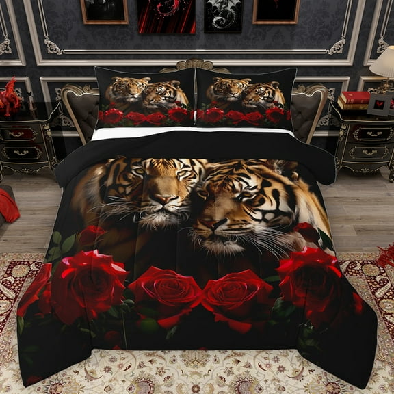 Feelyou Romantic Couple Tiger Bedding Comforter Set, 3D Jungle Animal Twin Comforter Sets, Valentines Day Rose Reversible Bedding Set, Breathable Home Decor, 2-Piece