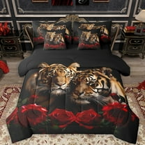 Feelyou Romantic Couple Tiger Twin Bedding Sets 7-Piece, 3D Jungle Animal Bedding Comforter Set, Valentines Day Rose Reversible Sheet Sets, Breathable Home Decor