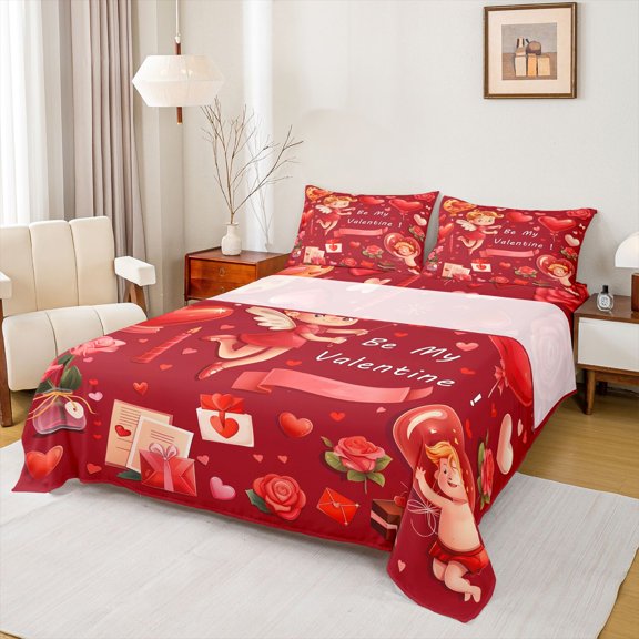 Feelyou Romantic Fairy Elf Full Size Sheets, Love Letter Rose Flower Bed Sheets, Be My Valentine Sheet Sets, Ultra Soft Bedroom Decor, 4 Pieces