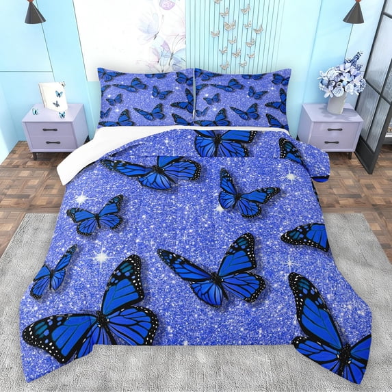 Feelyou Romantic Fashion Butterfly Queen Comforter Set, Glitter Sequin Print Blue Bedding Sets, Kawaii Animal Bedding Comforter Set, Microfiber Bedroom Decor, 3-Piece